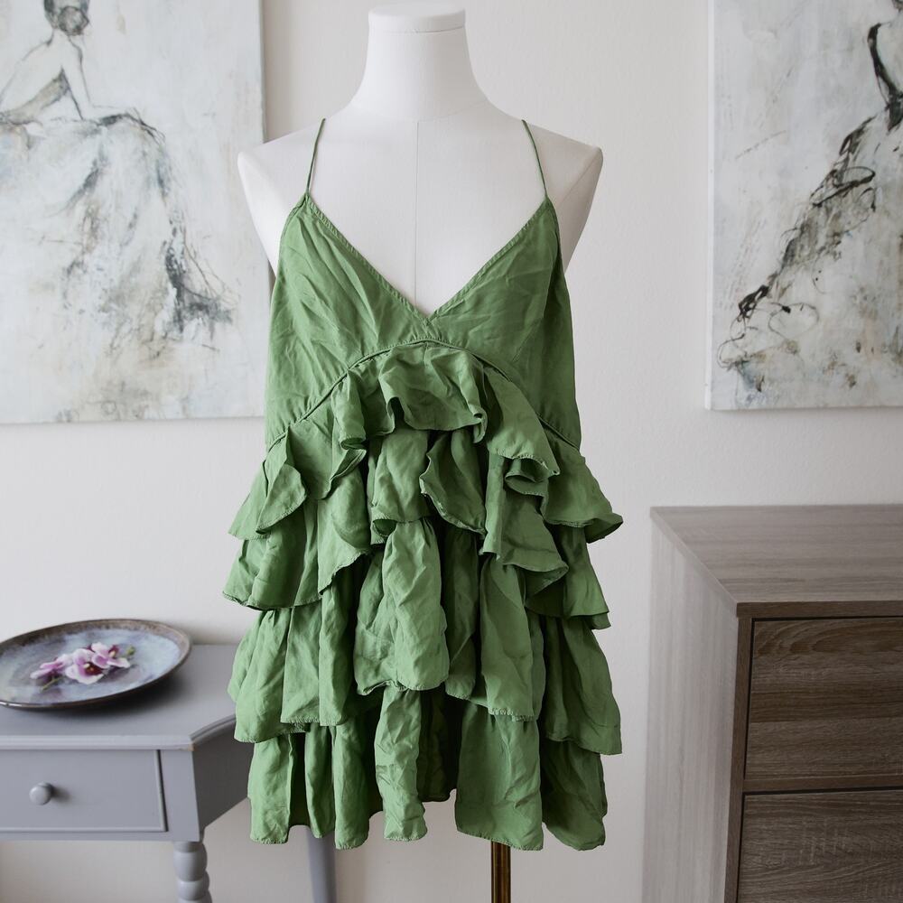 Moda International SILK Baby doll Green ruffle Top size L